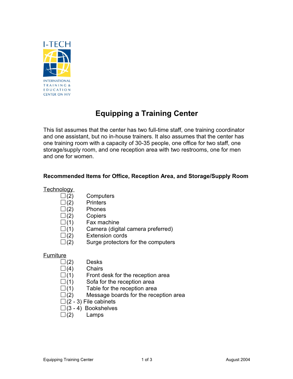 Inventory for Equipping a Training Center