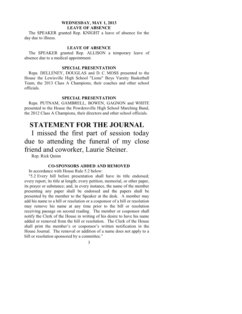 House Journal for May 1, 2013 - South Carolina Legislature Online