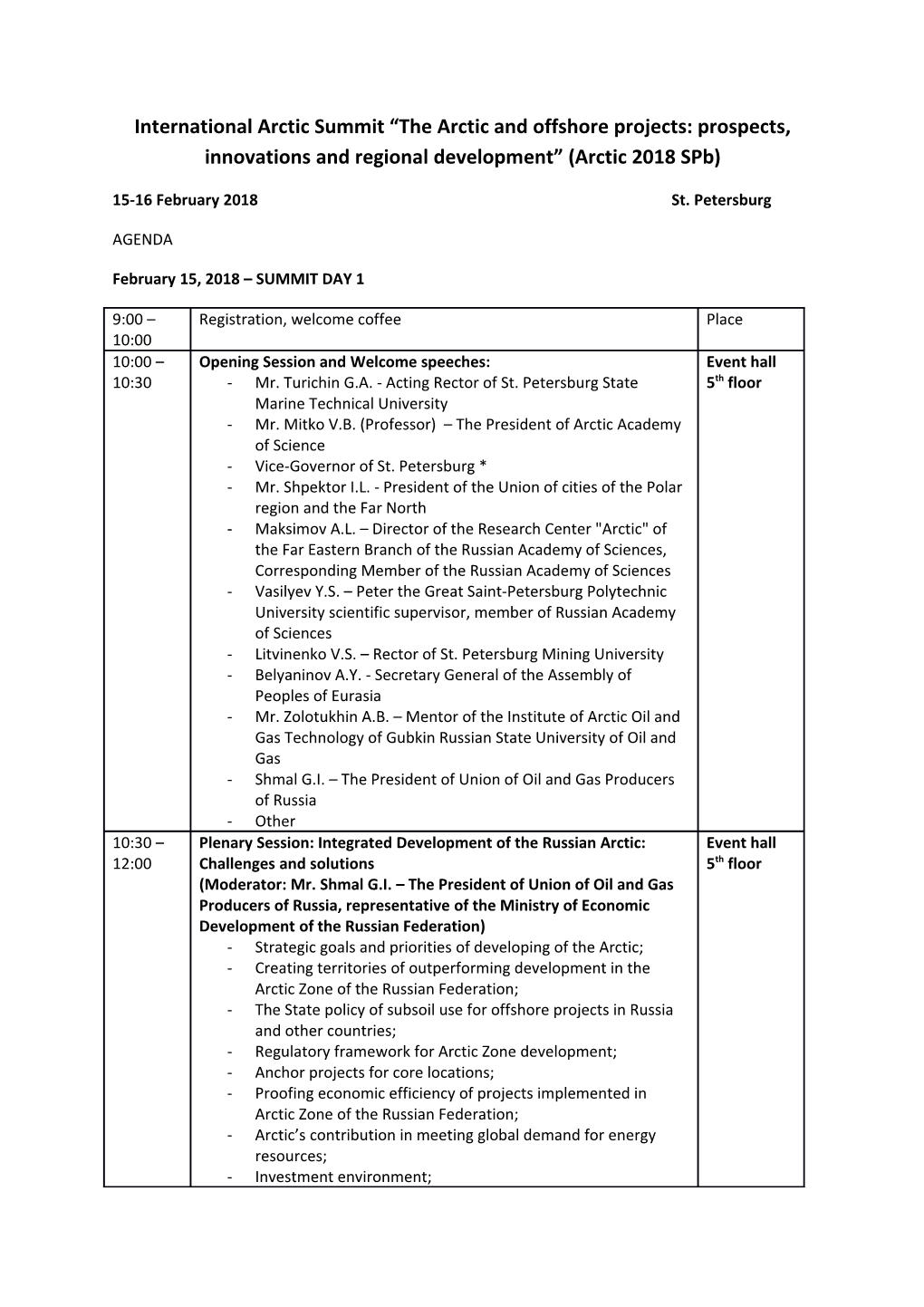 International Arctic Summit the Arctic and Offshore Projects: Prospects, Innovations And