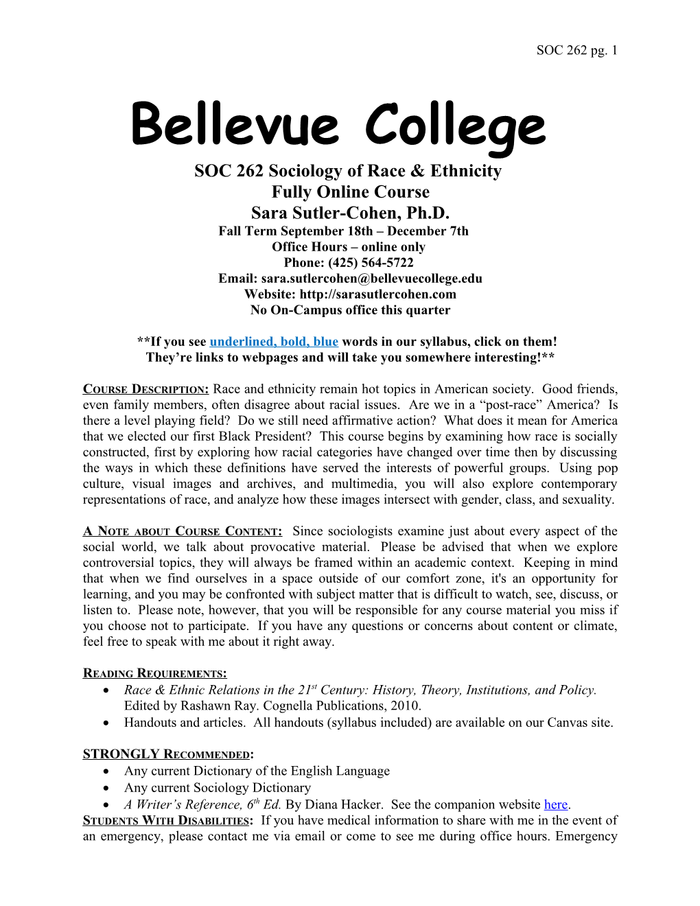 Bellevue College SOC 262 Sociology of Race & Ethnicity