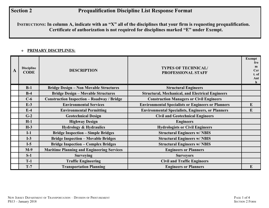 Section 2 Prequalification Discipline List Response Format