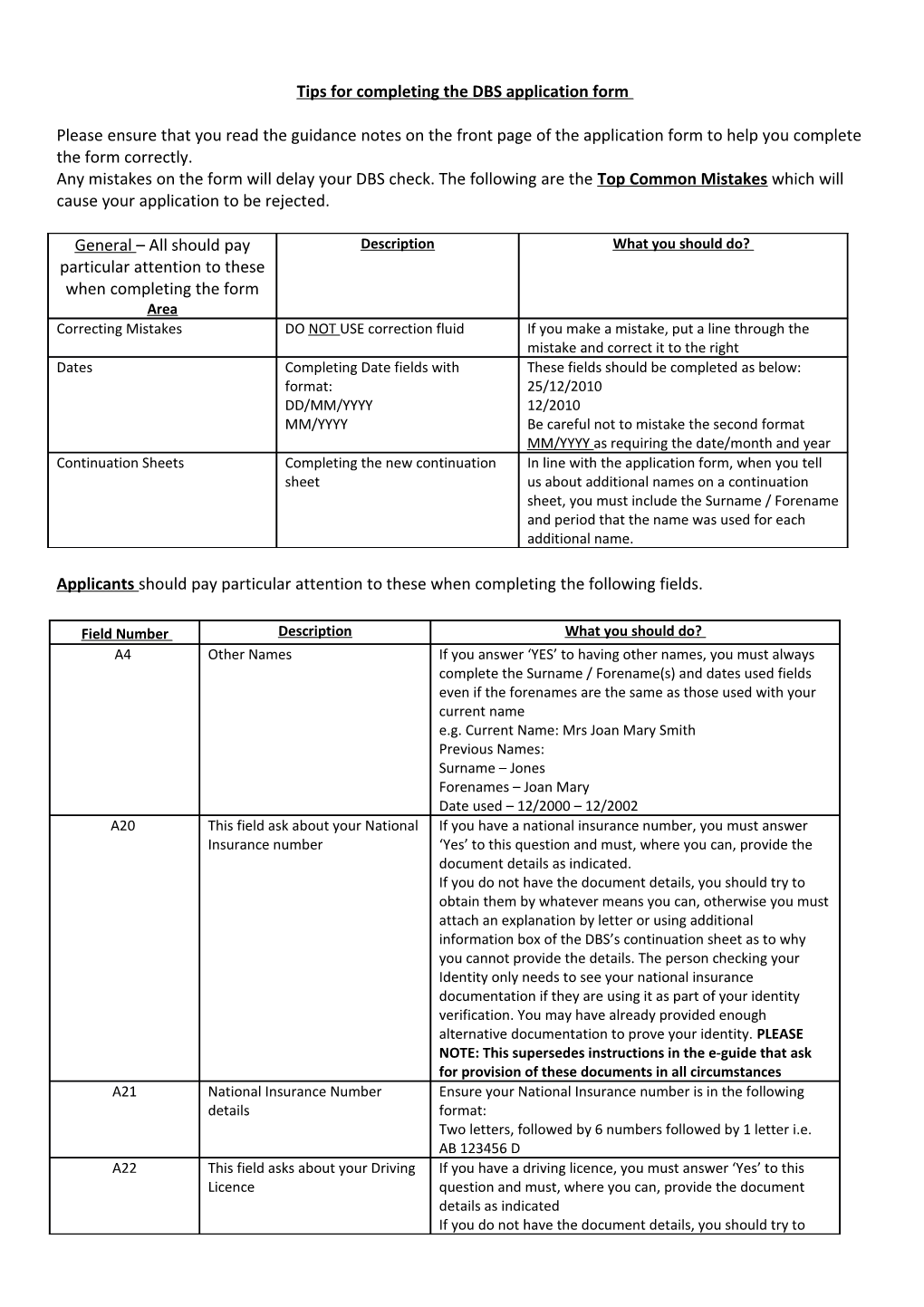 Tips for Completing the DBS Application Form