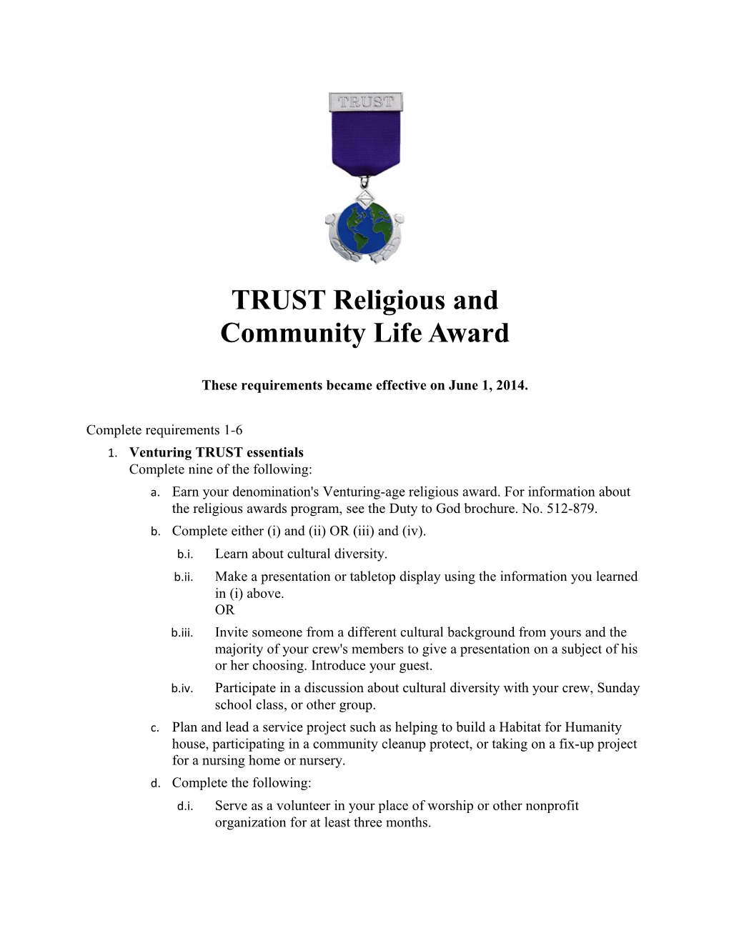 TRUST Religious and Community Life Award