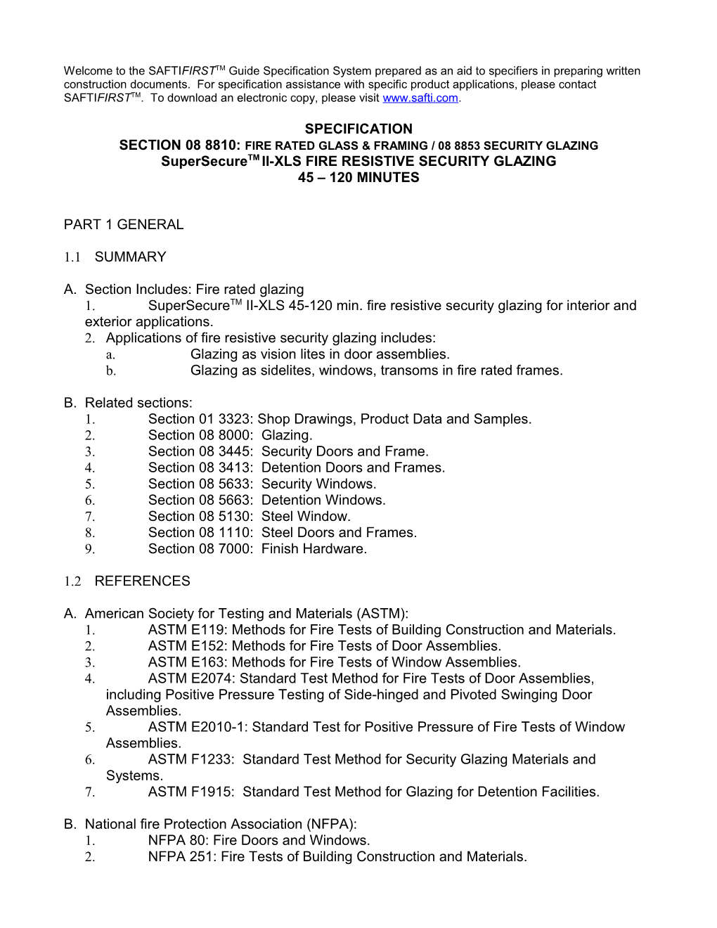 Section 08 8810: Fire Rated Glass & Framing / 08 8853 Security Glazing