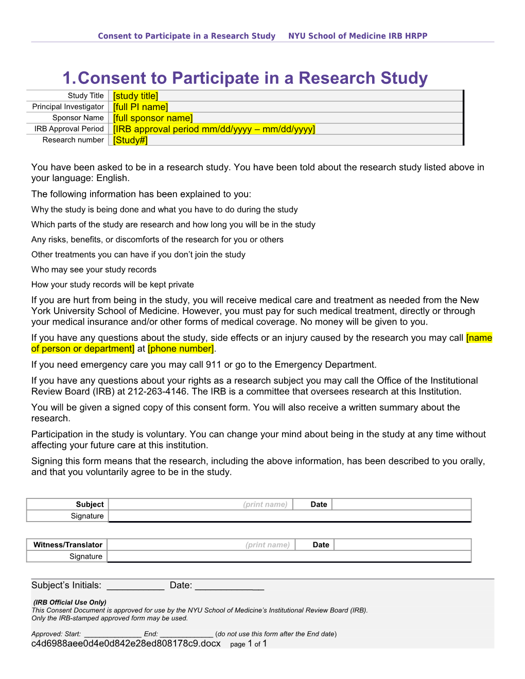 NYU Som IRB Template - Consent - Short Form - English