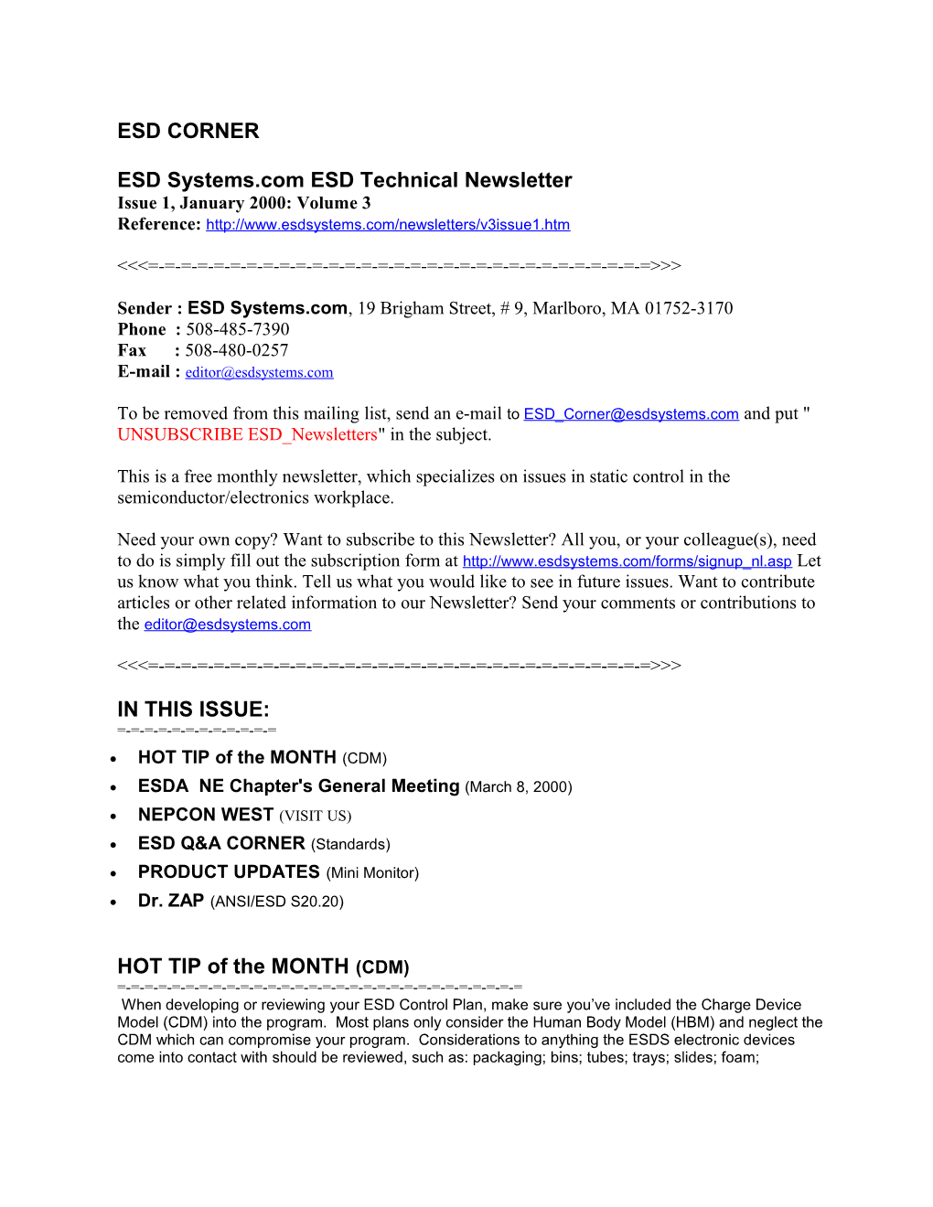ESD CORNER ESD Systems.Com ESD Technical Newsletter Issue 1, January 2000: Volume 3 Reference