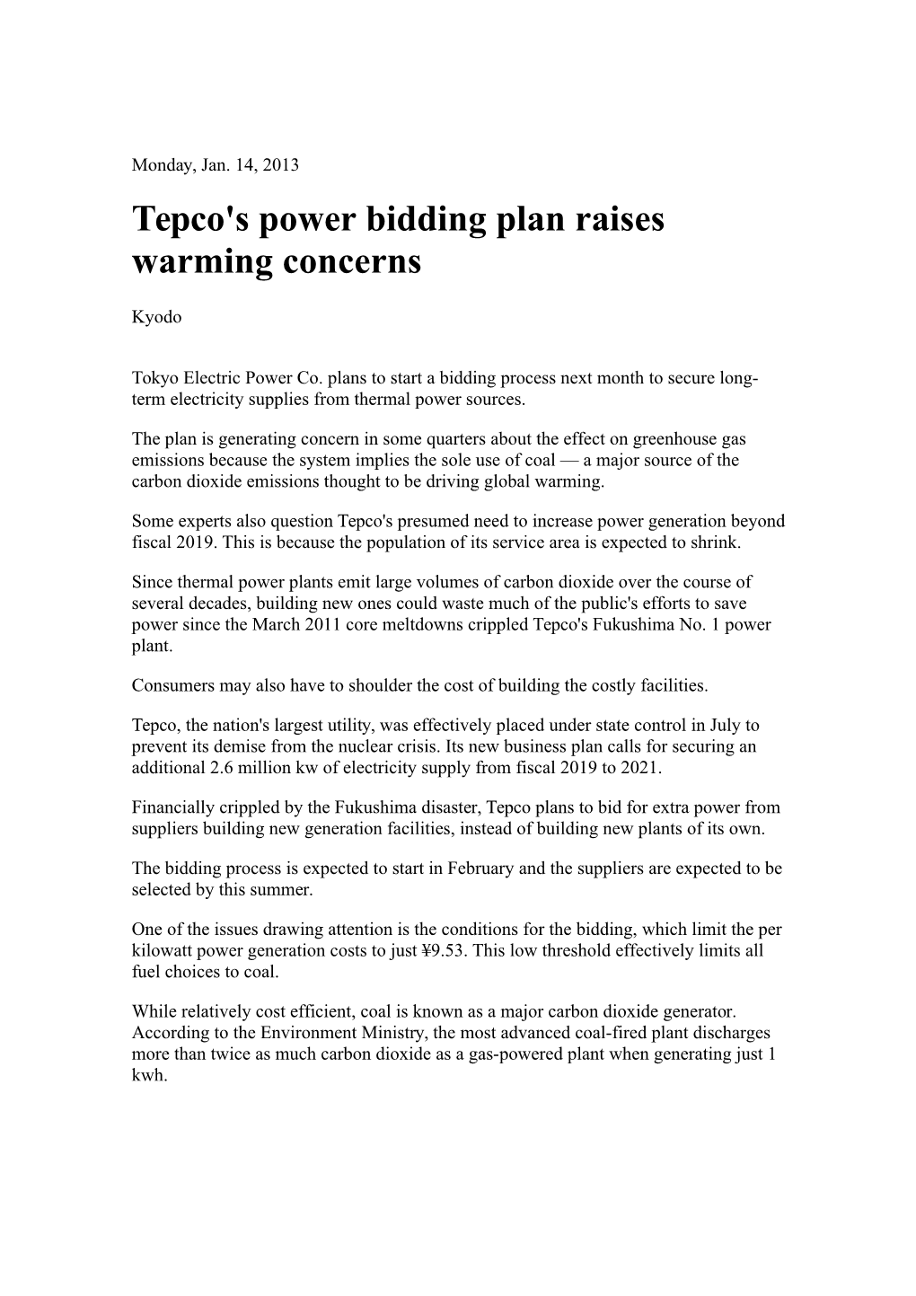 Tepco's Power Bidding Plan Raises Warming Concerns