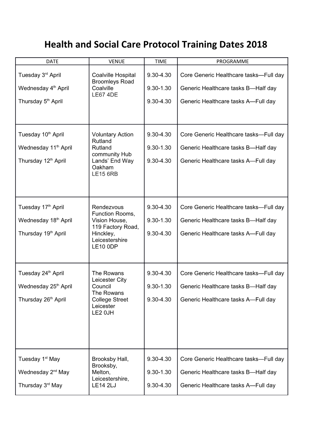 Health and Social Care Protocol Training Dates 2018