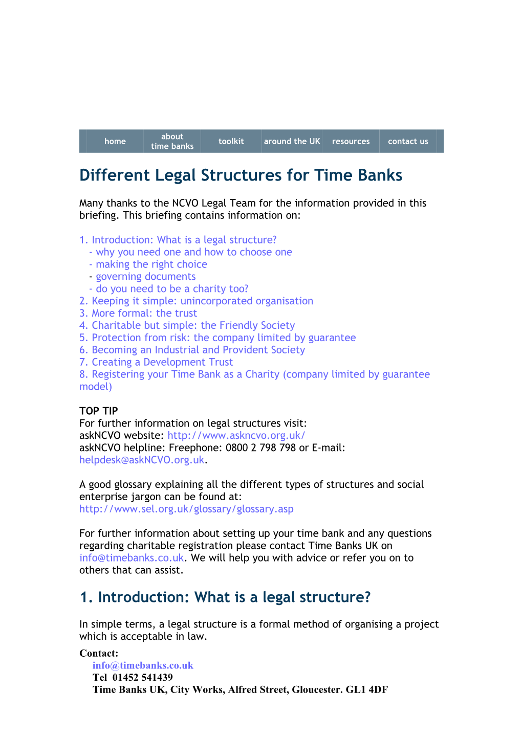 Different Legal Structures for Time Banks