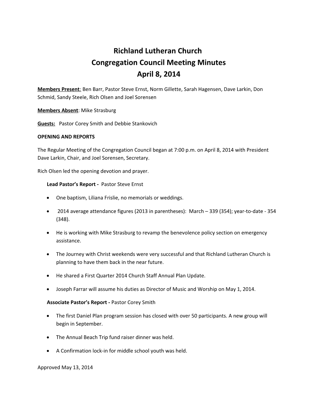Congregation Council Meeting Minutes