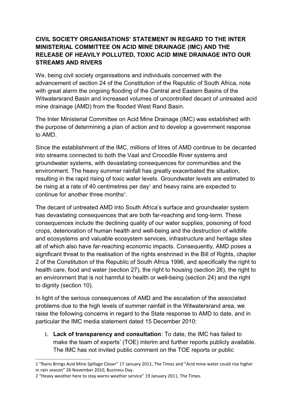 Civil Society Organisations Statement in Regard to the Interministerial Committee on Acid