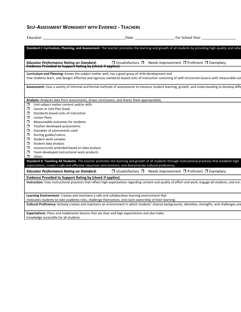 Self Assessmentworksheetwithevidence Teachers