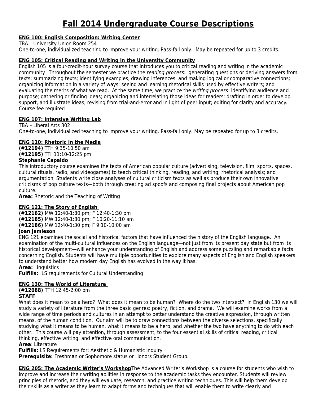 Fall 2014 Undergraduate Course Descriptions