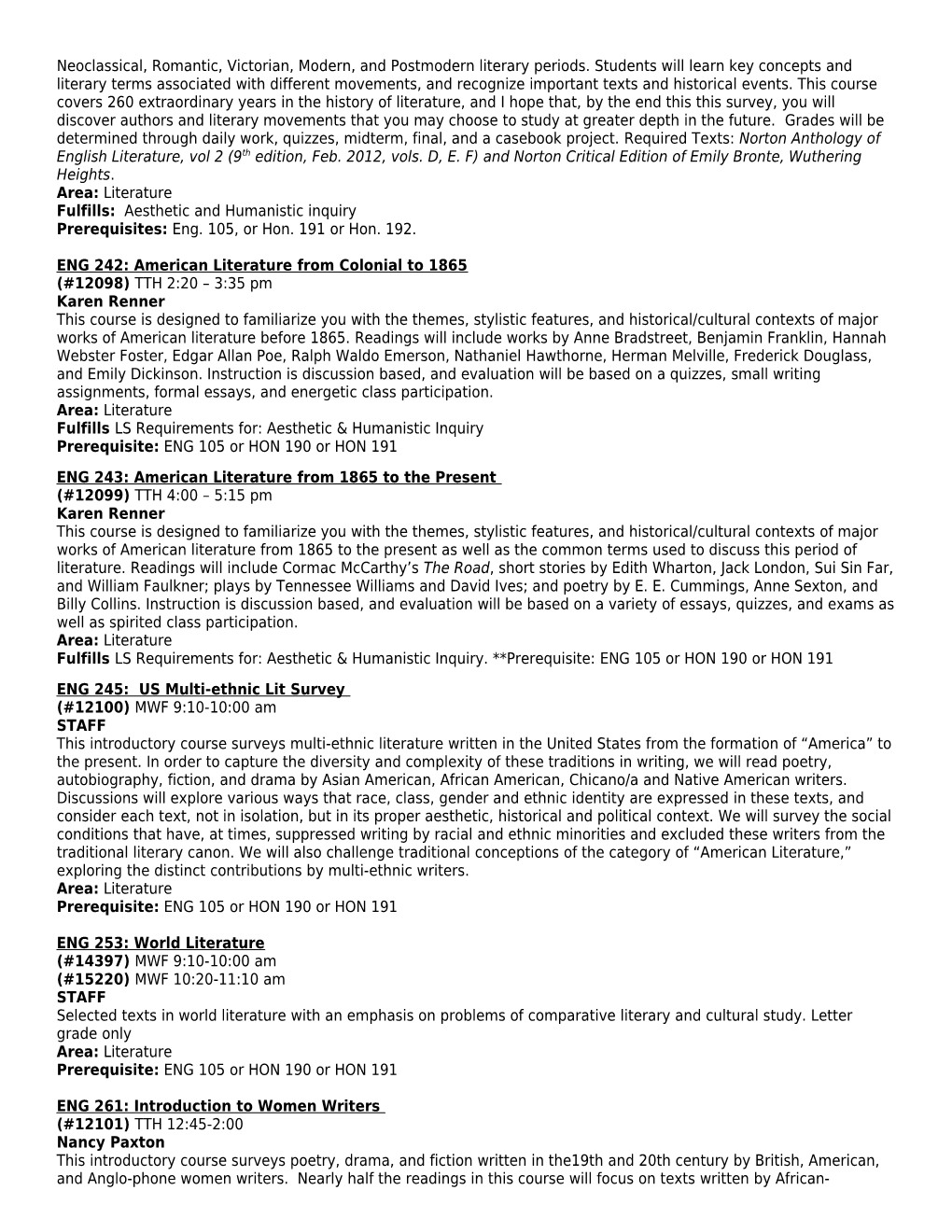 Fall 2014 Undergraduate Course Descriptions