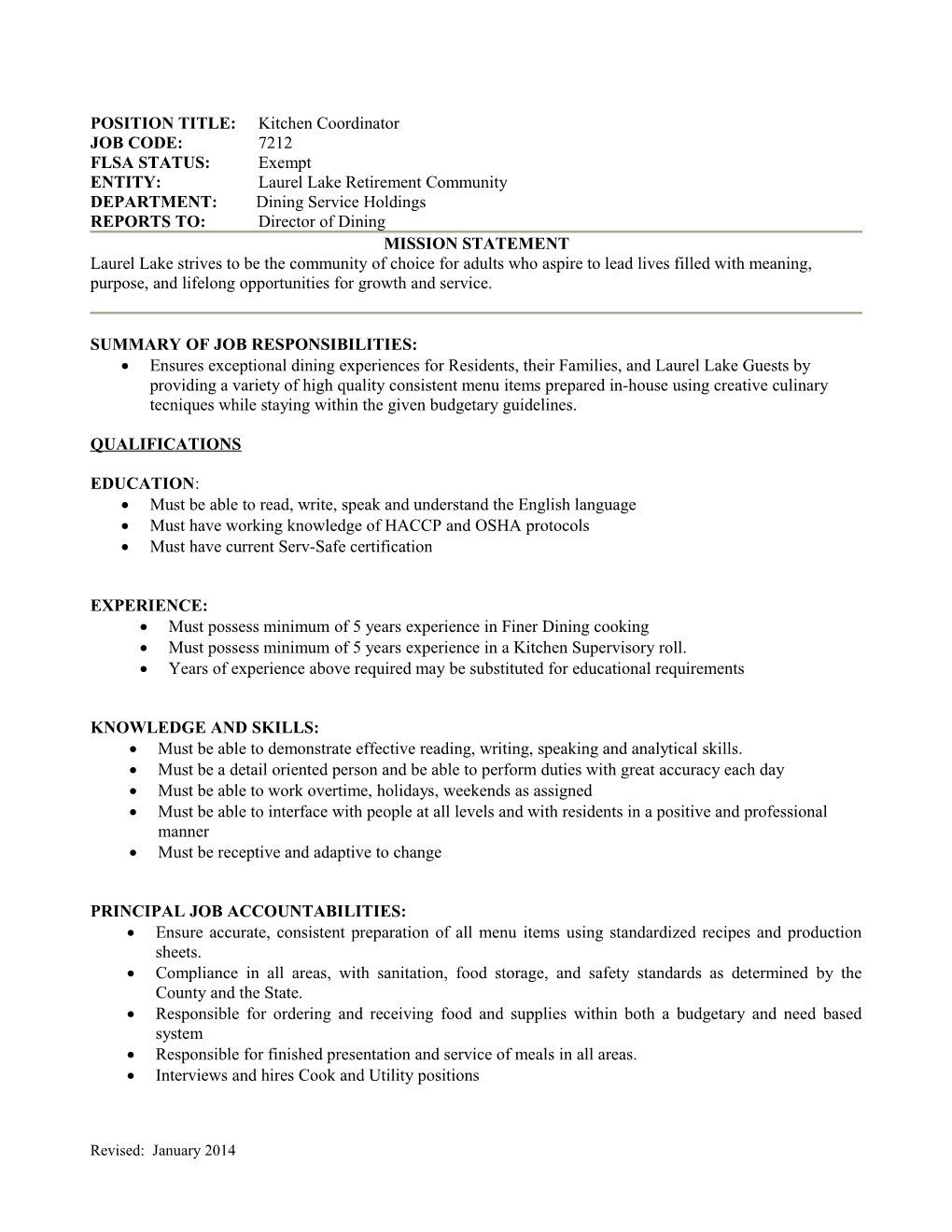 POSITION TITLE: Kitchen Coordinator