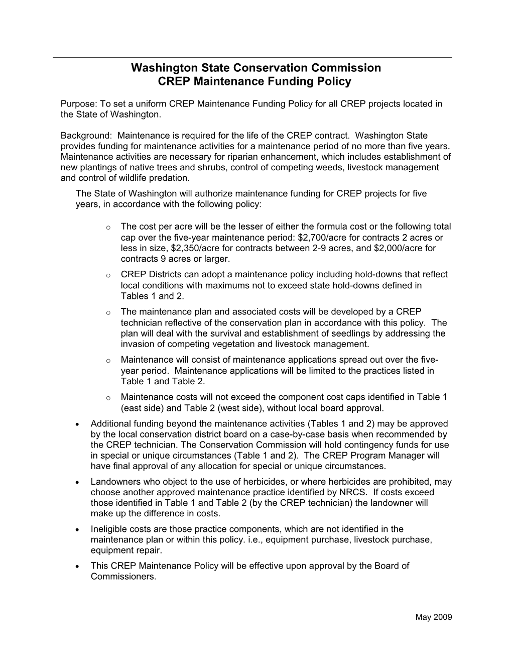 Washington State CREP Maintenance Funding Policy