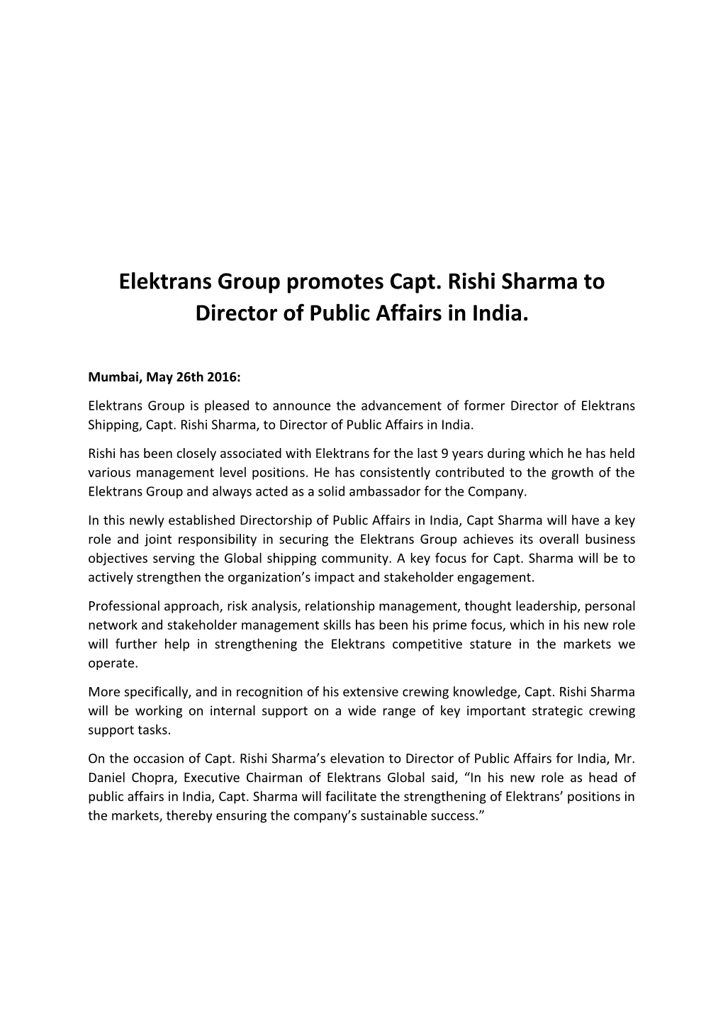 Elektrans Group Promotes Capt. Rishi Sharma to Director of Public Affairs in India