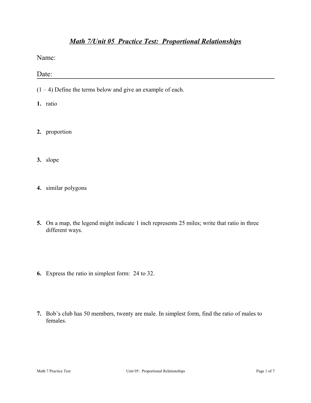 Math 7/Unit 05 Practice Test: Proportional Relationships