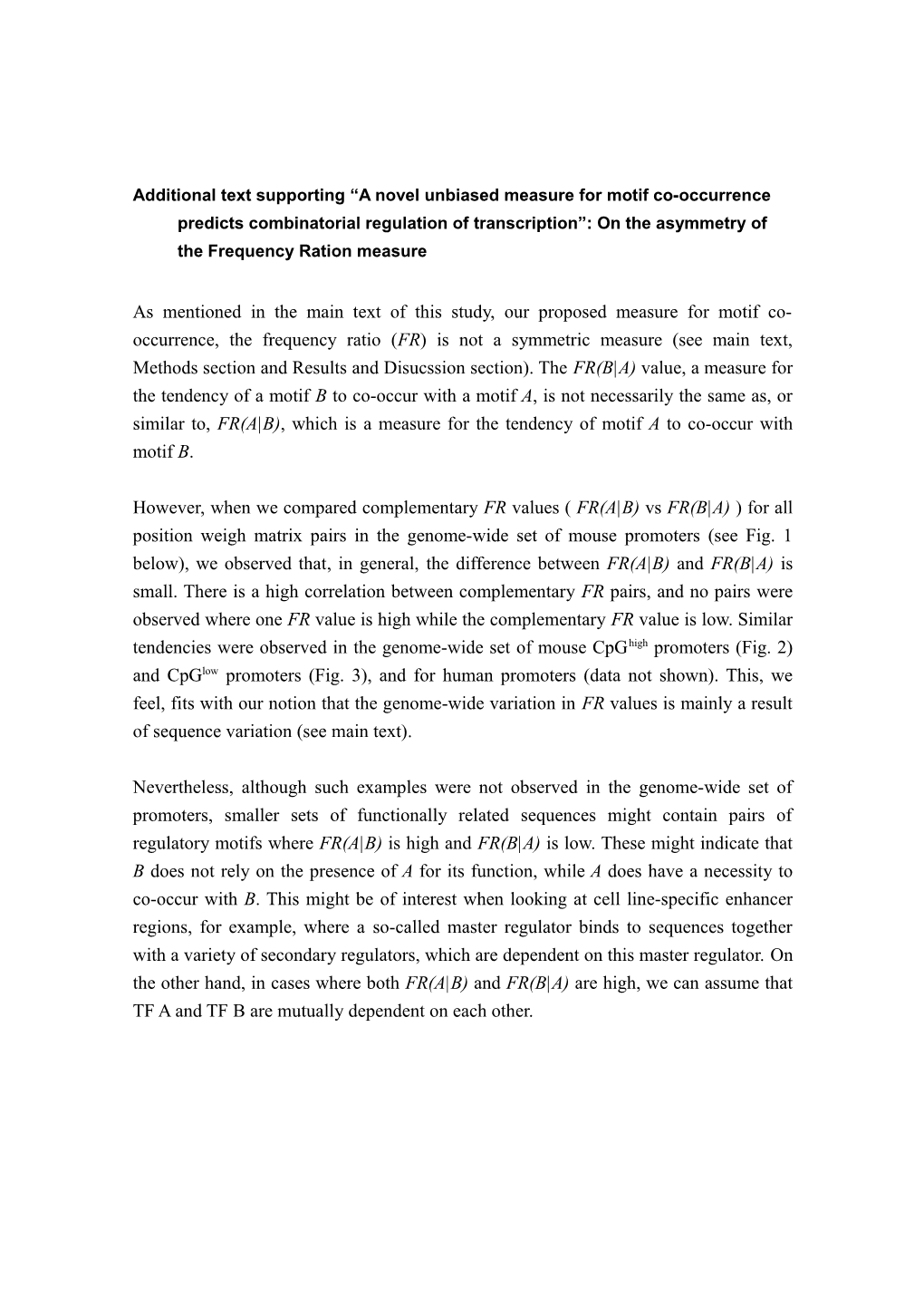 Additional Text Supporting a Novel Unbiased Measure for Motif Co-Occurrence Predicts