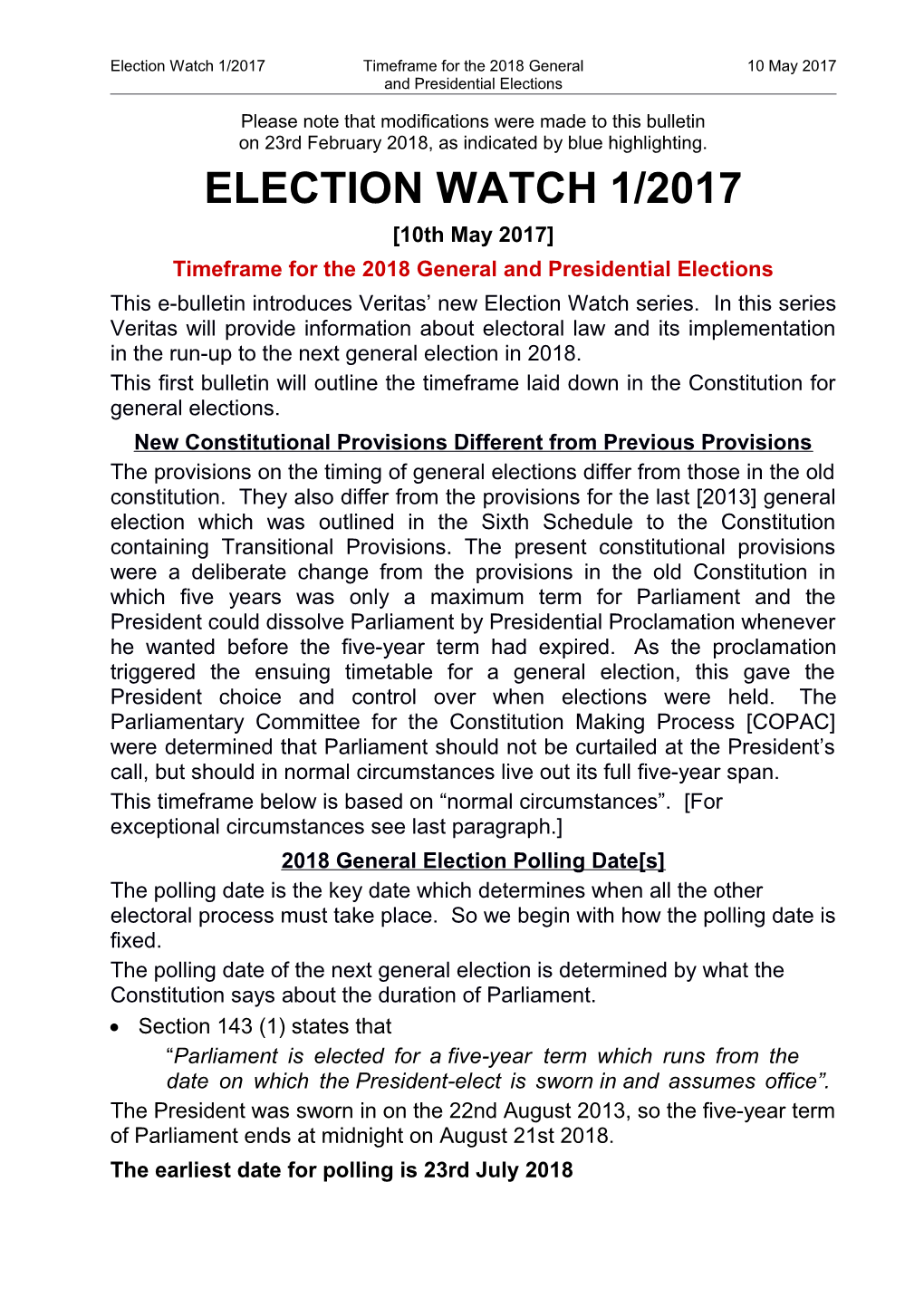 Timeframe for the 2018 General and Presidential Elections