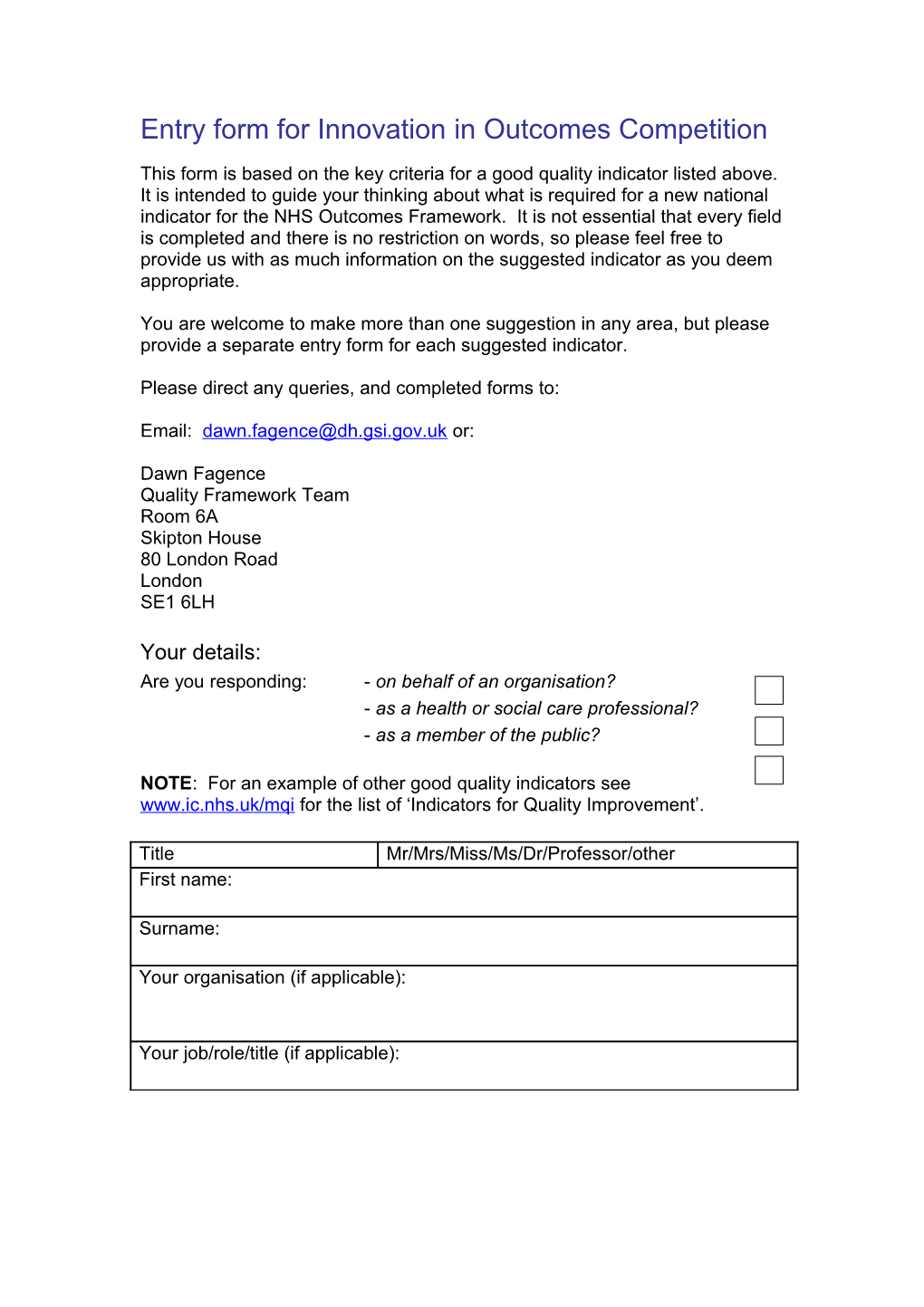 Entry Form for Innovation in Outcomes Competition
