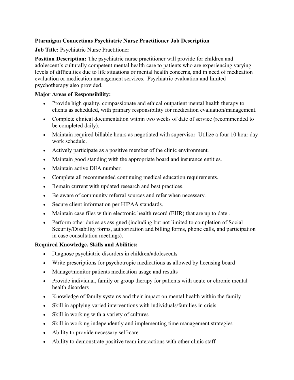 Ptarmigan Connections Psychiatric Nurse Practitioner Job Description