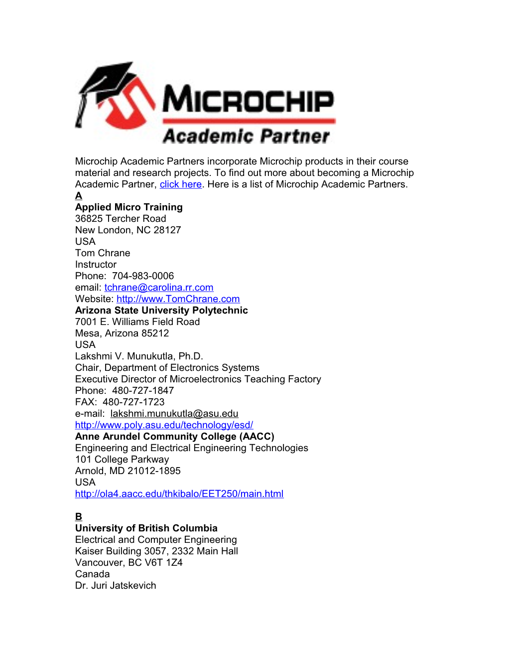 Microchip Academic Partners Incorporate Microchip Products in Their Course Material And