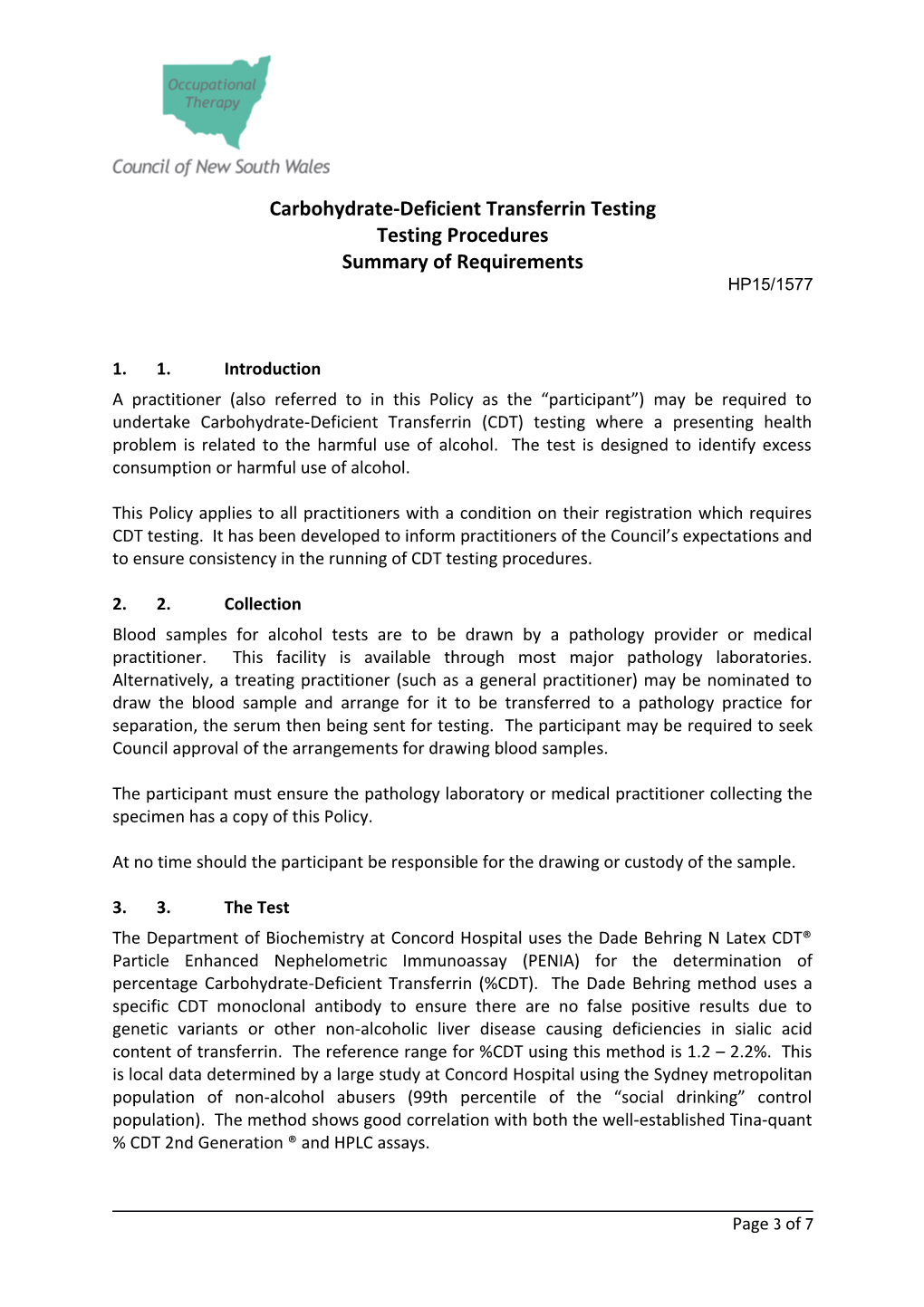 The Occupational Therapy Council S Carbohydrate-Deficient Transferrin (CDT) Testing Policy