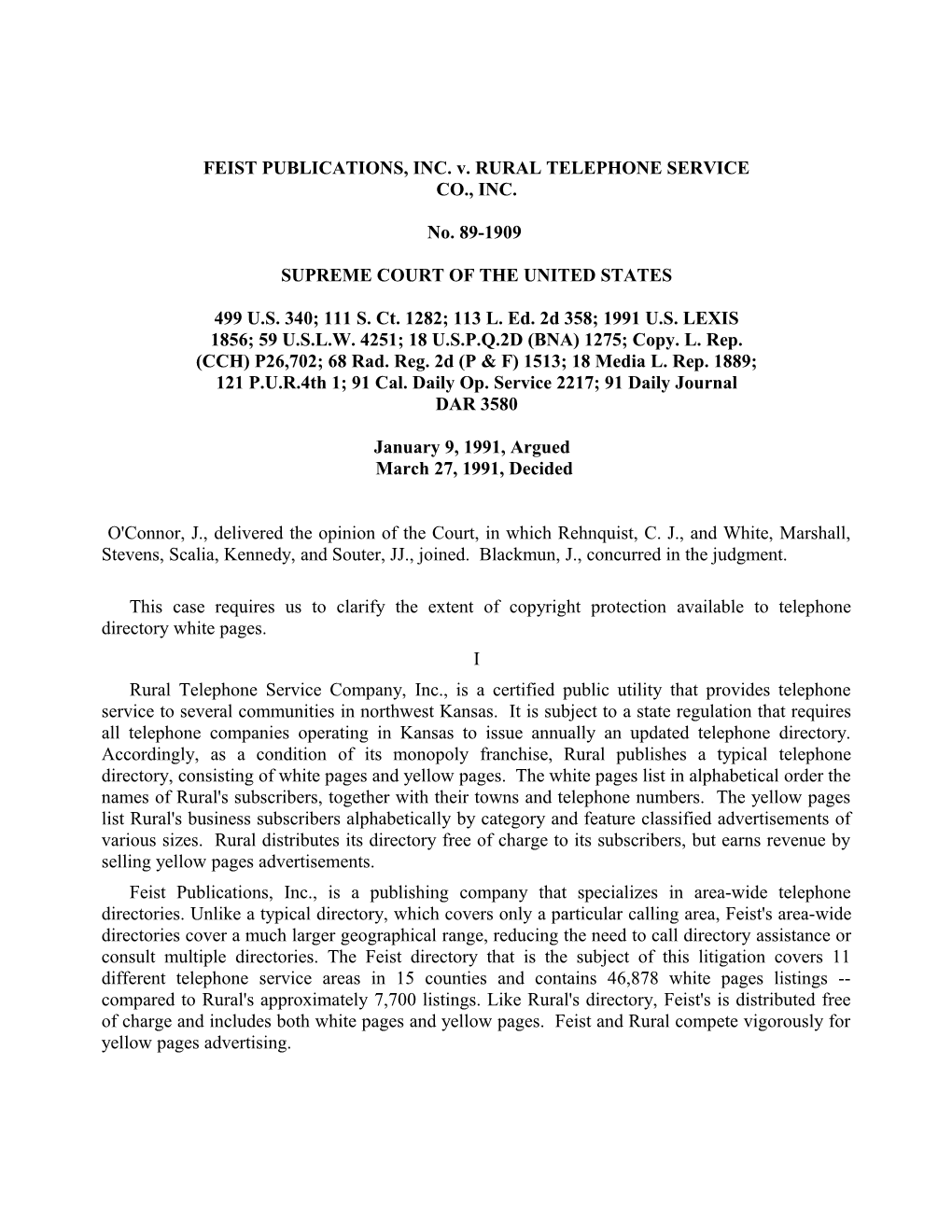 FEIST PUBLICATIONS, INC. V. RURAL TELEPHONE SERVICE CO., INC