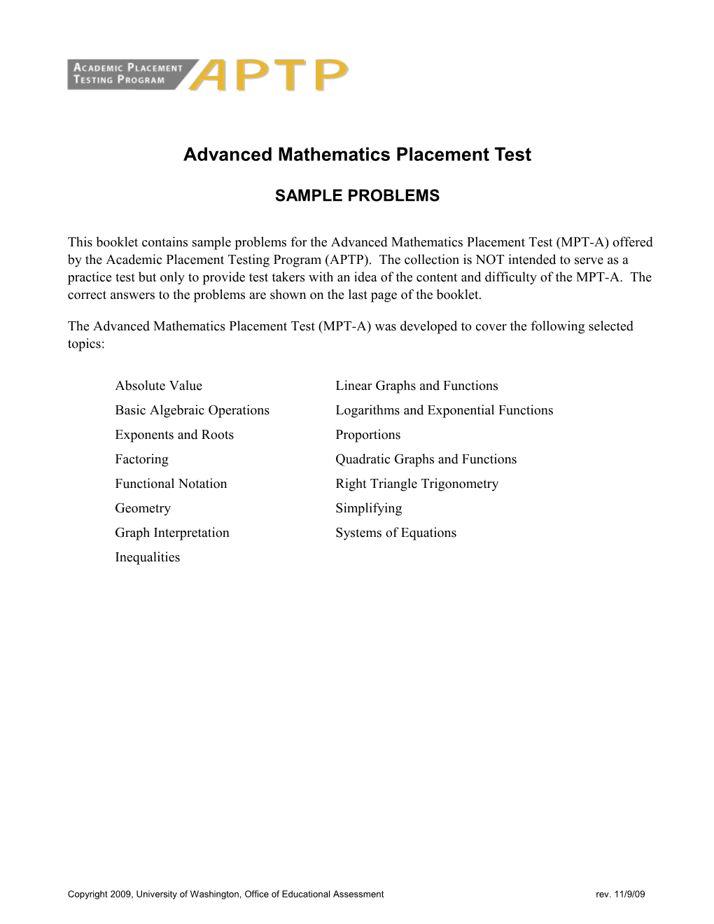 Advanced Mathematics Placement Test