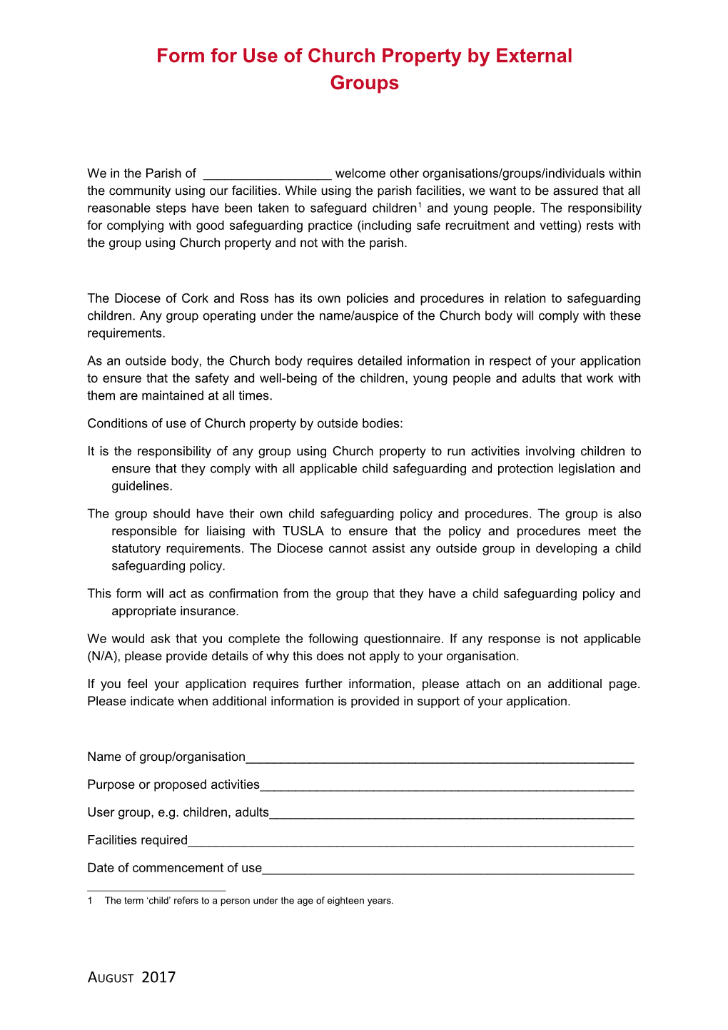 Form for Use of Church Property by External Groups