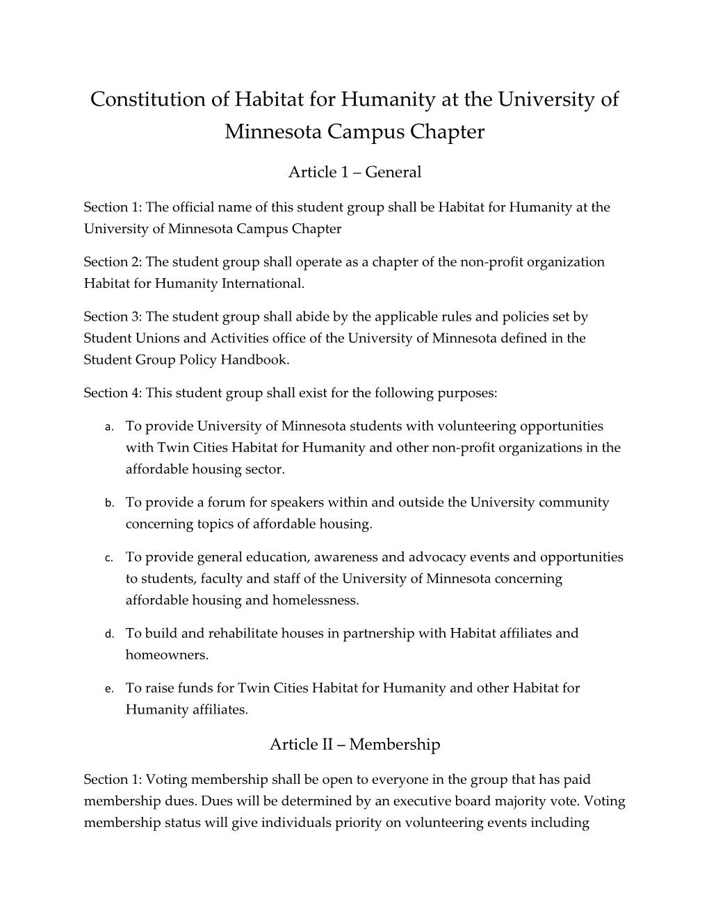 Constitution of Habitat for Humanity at the University of Minnesota Campus Chapter