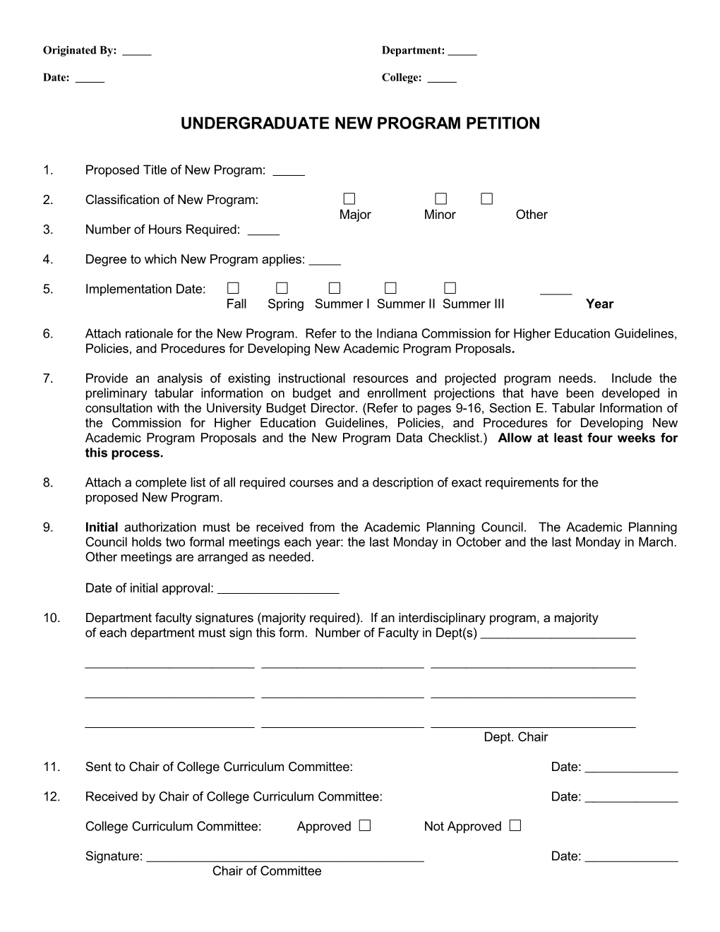 Undergraduate New Program Petition