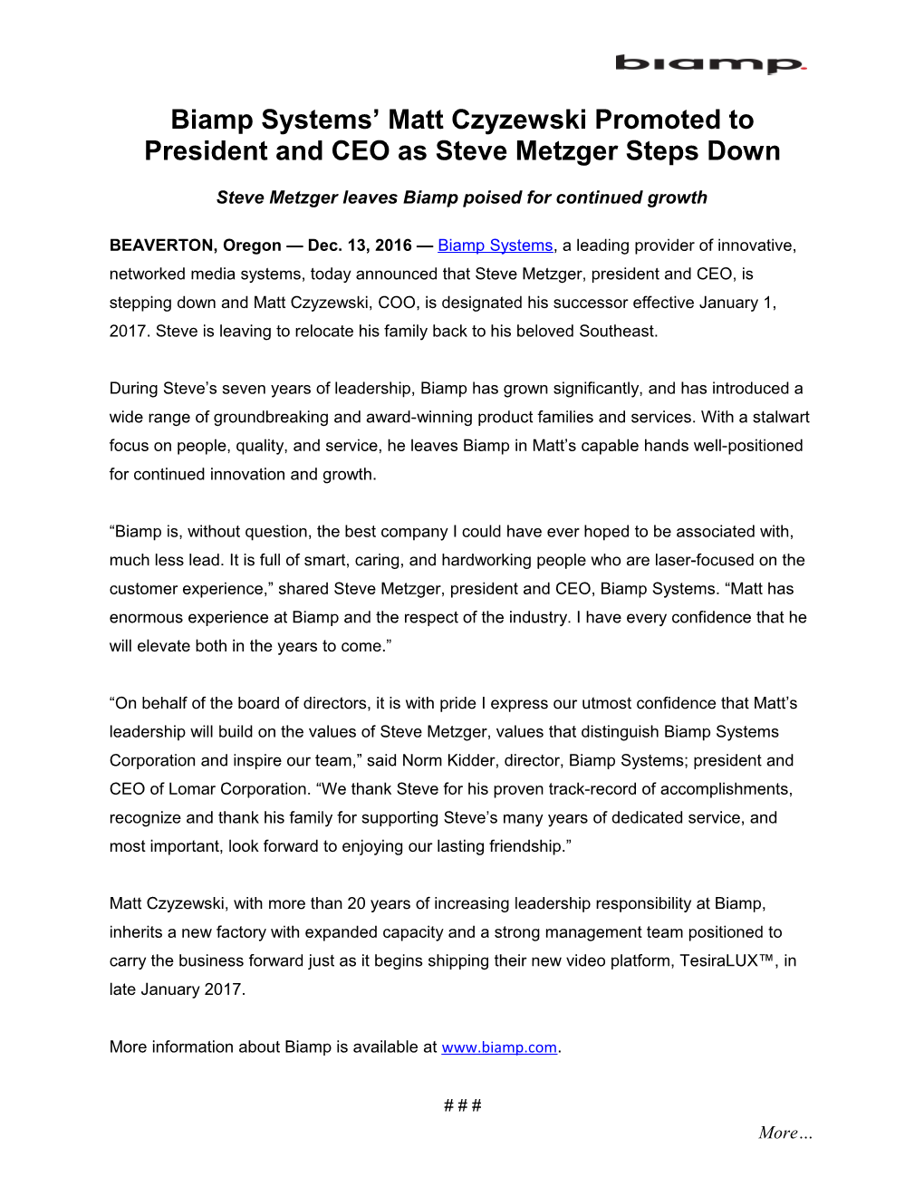 Steve Metzger Leaves Biamp Poised for Continued Growth
