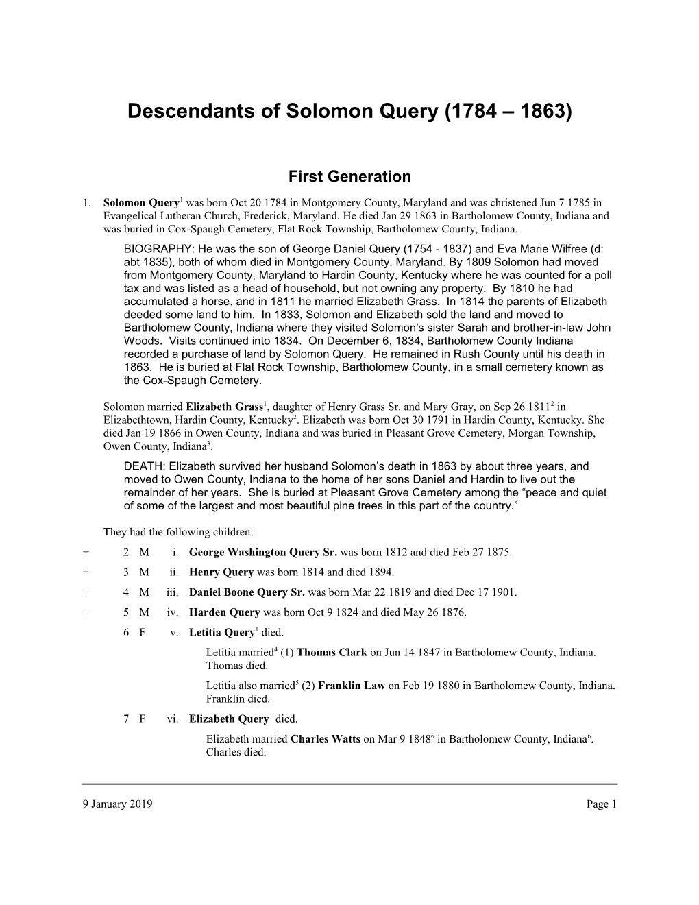 Descendants of Solomon Query (1784 1863)