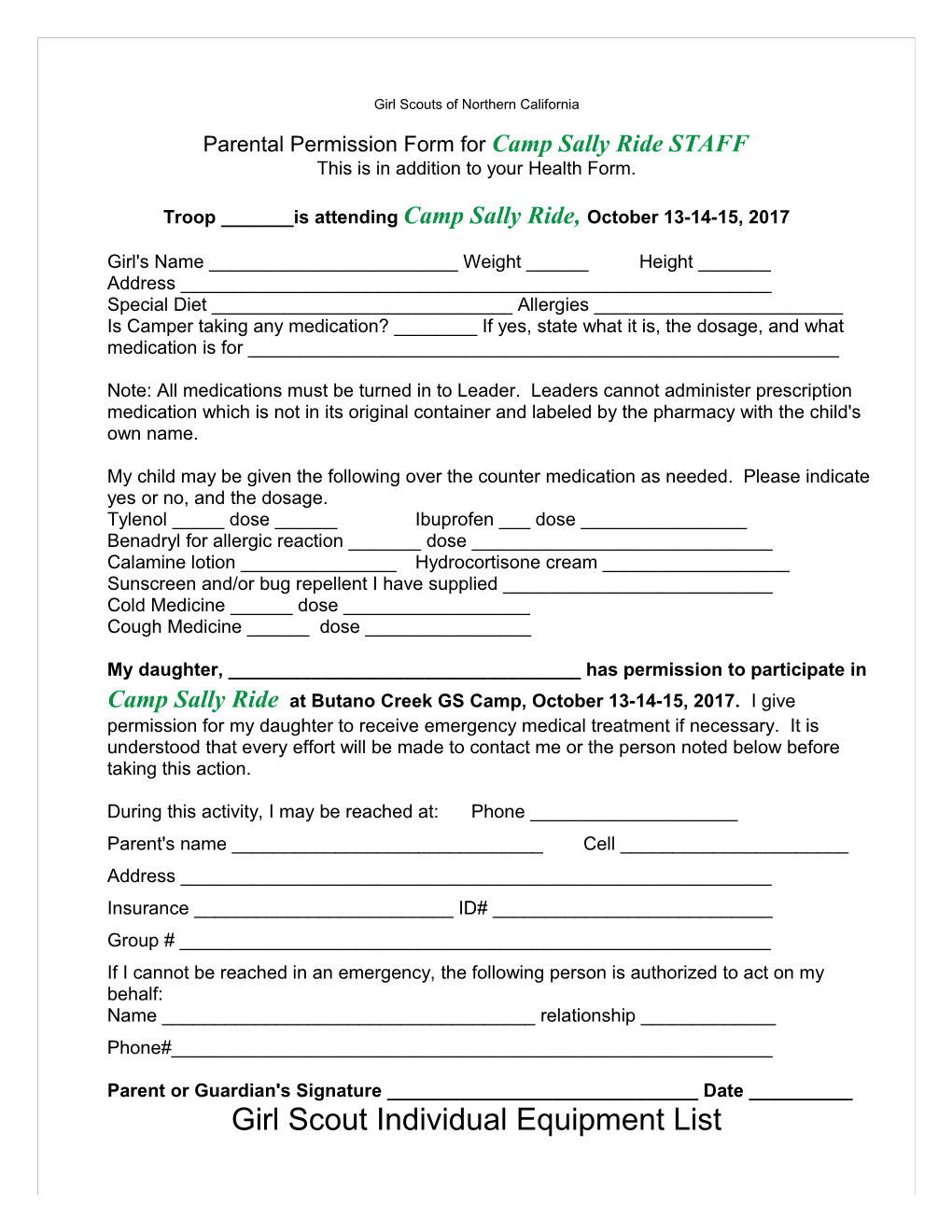 Parental Permission Form for Camp Sally Ride STAFF