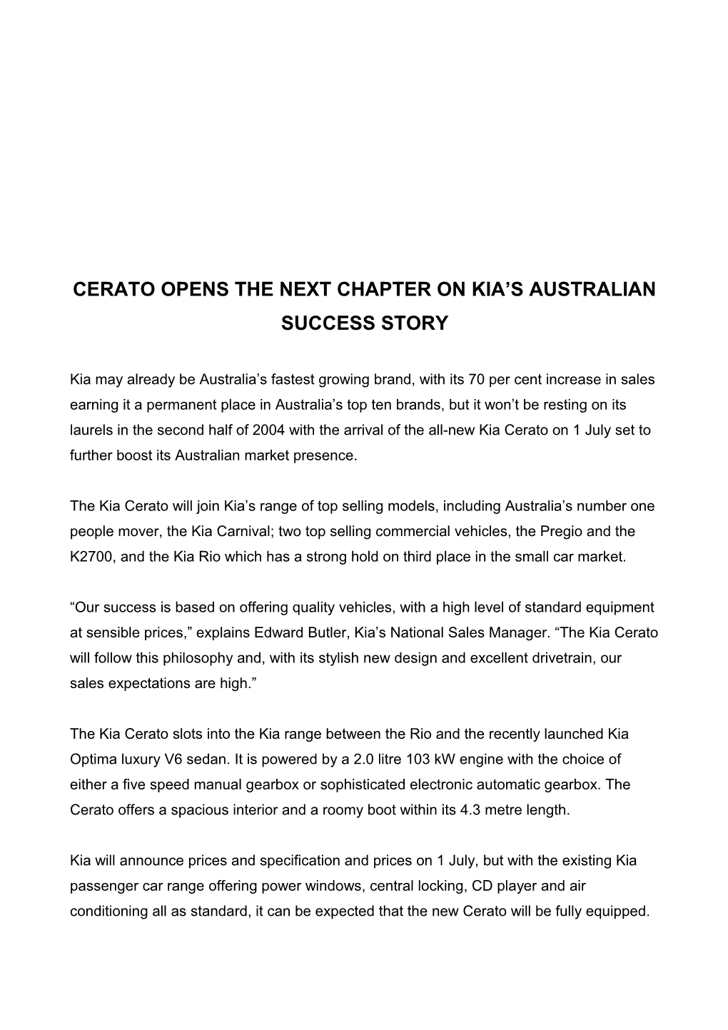 Cerato Opens the Next Chapter on Kia S Australian Success Story