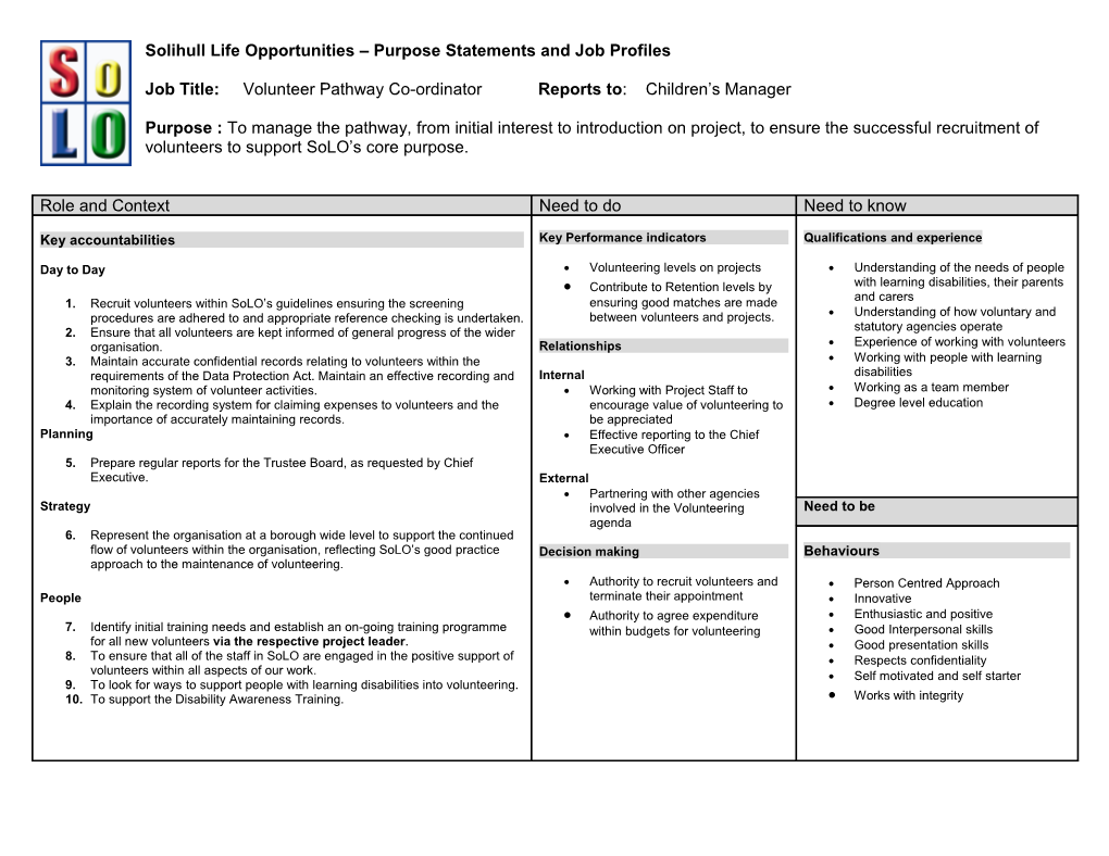 Solihull Life Opportunities Purpose Statements and Job Profiles