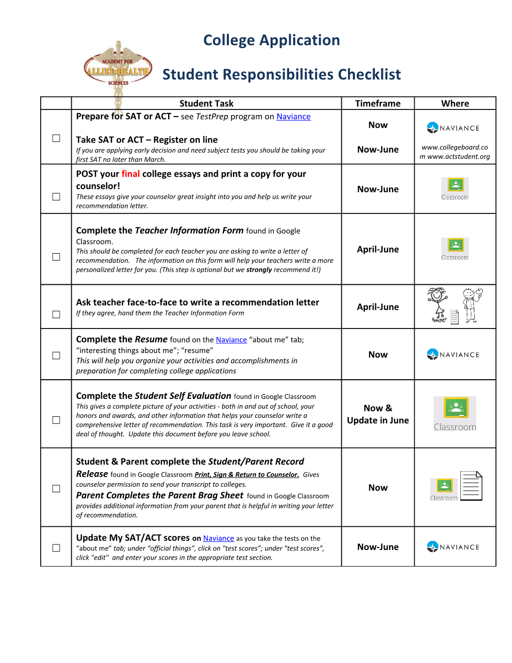 Student Responsibilities Checklist