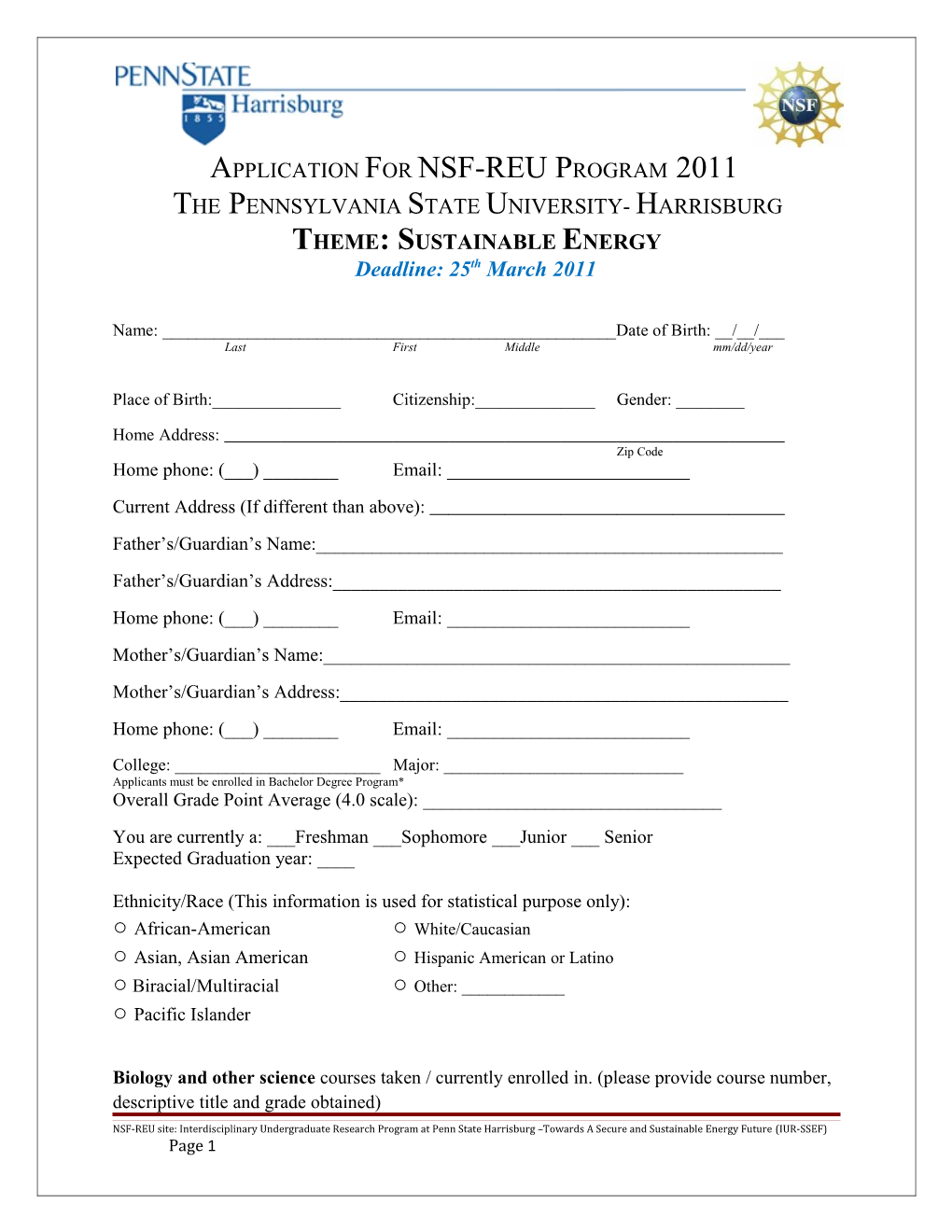 APPLICATION for NSF-REU Program 2011