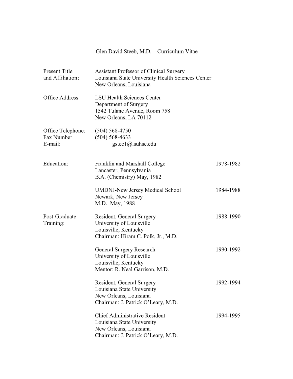 Glen David Steeb, M.D. Curriculum Vitae