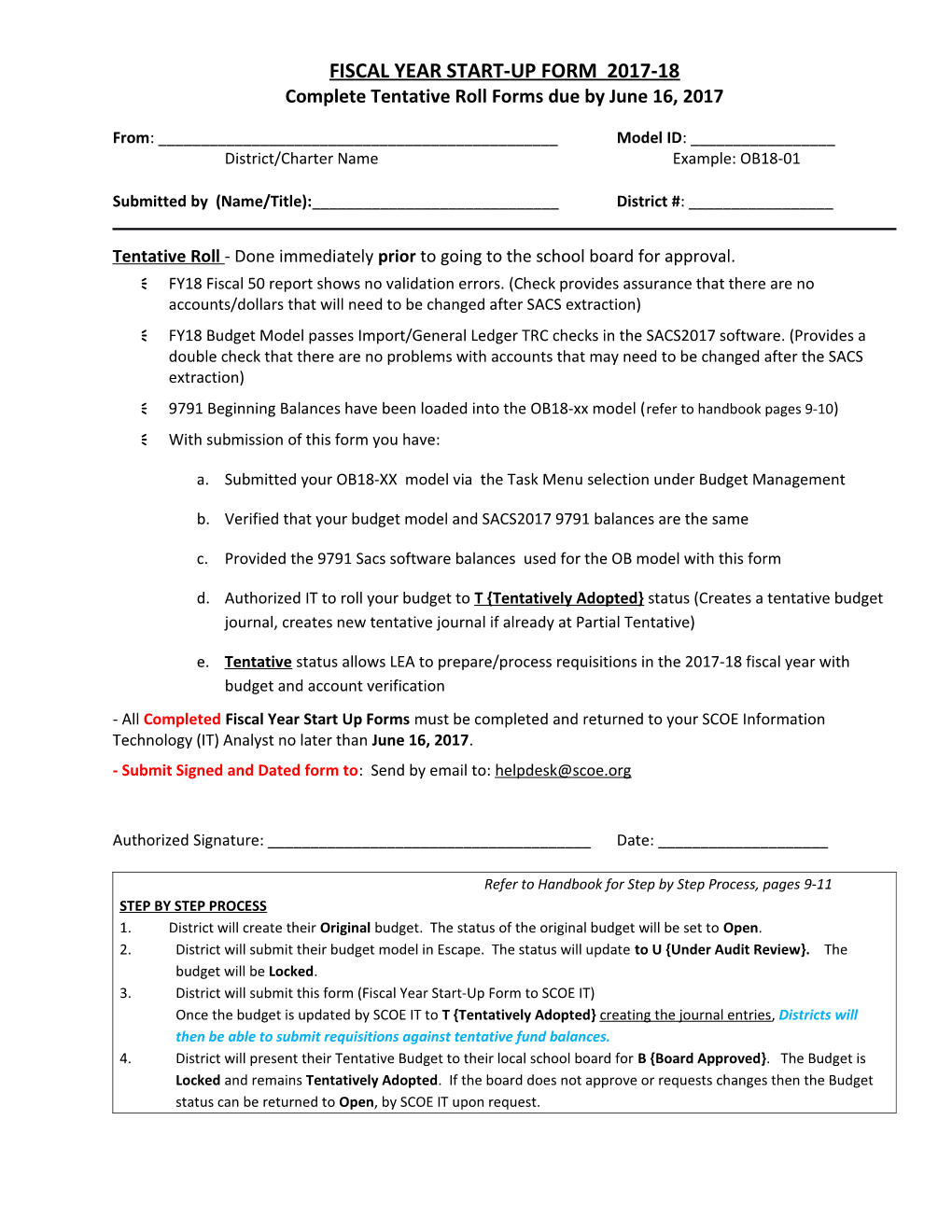 Fiscal Year Start-Up Form 2017-18