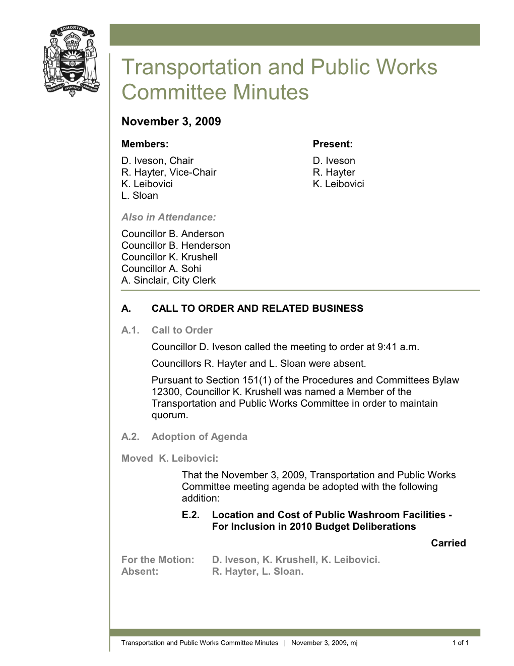 Minutes for Transportation and Public Works Committee November 3, 2009 Meeting