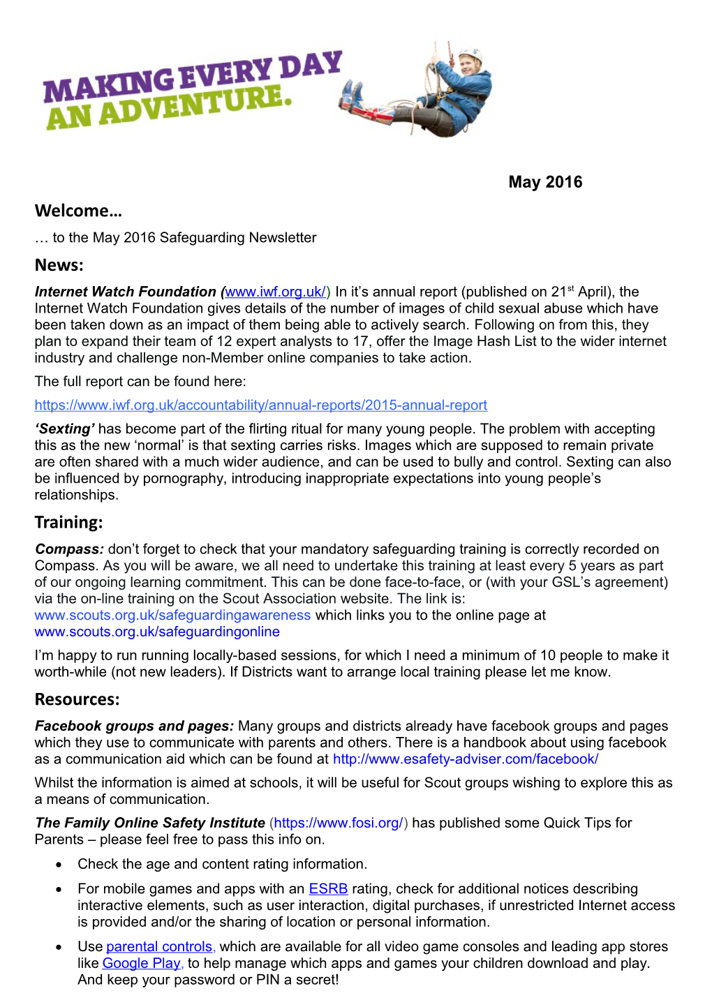 To the May 2016 Safeguarding Newsletter