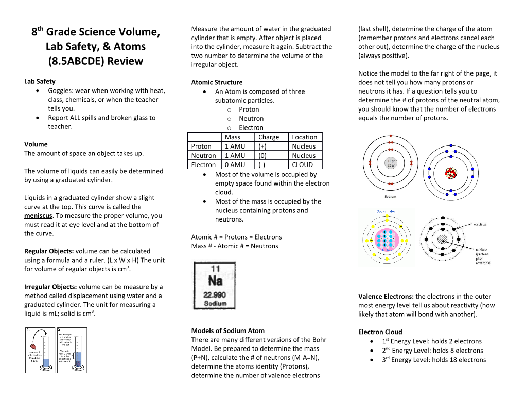8Th Grade Science Volume, Lab Safety, & Atoms (8.5ABCDE) Review