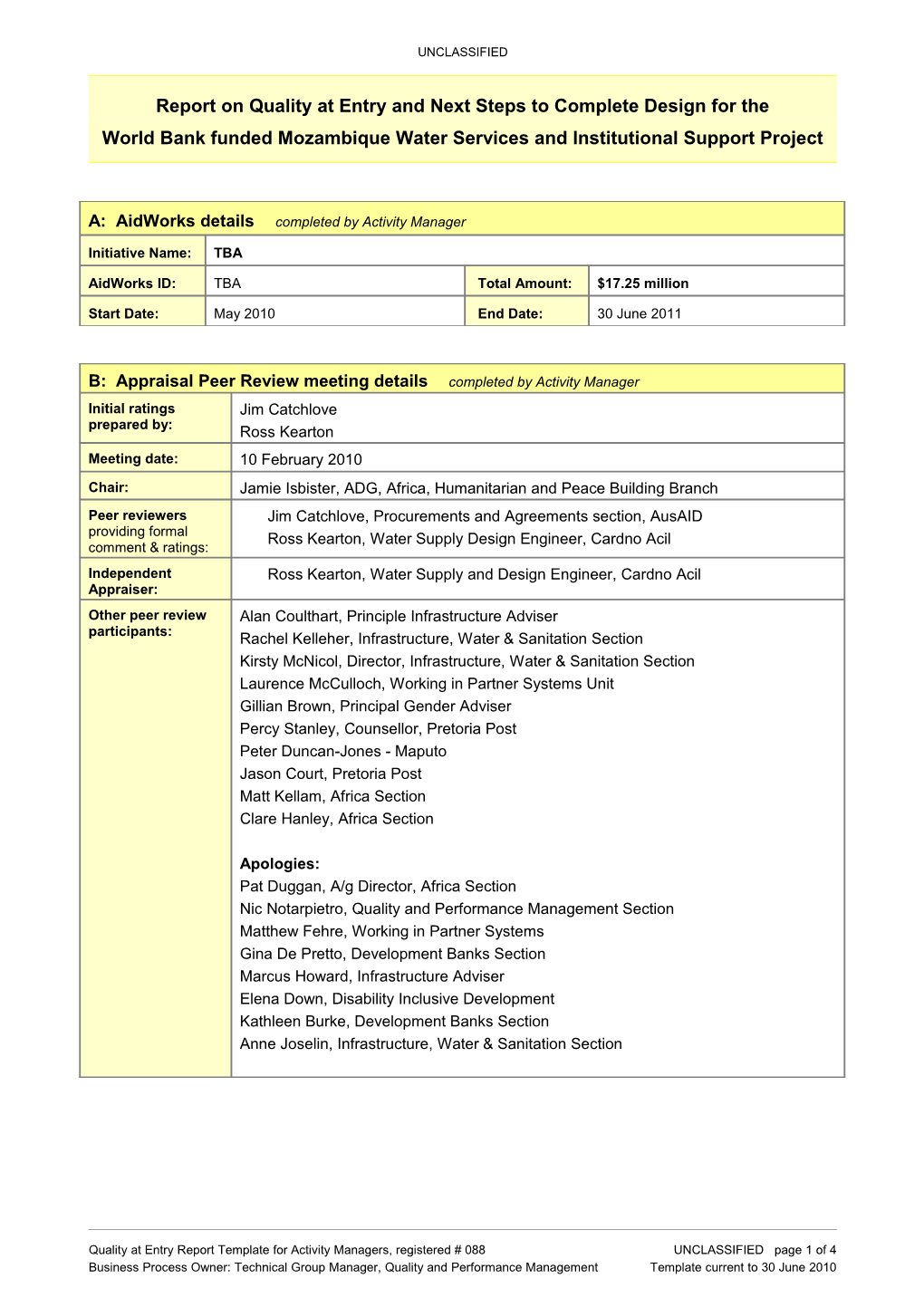 Report on Quality at Entry and Next Steps to Complete Design for The