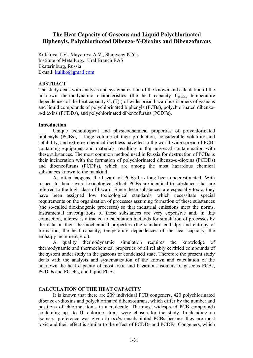 The Heat Capacity of Gaseous and Liquid Polychlorinated Biphenyls, Polychlorinated