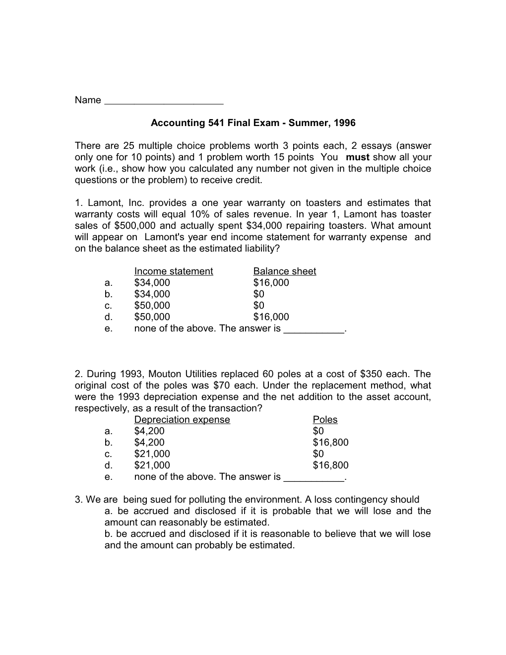 Accounting 541 Final Exam - Summer, 1996