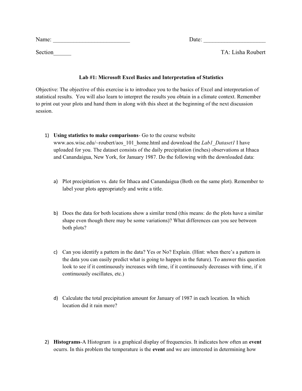 Lab #1: Microsoft Excel Basics and Interpretation of Statistics