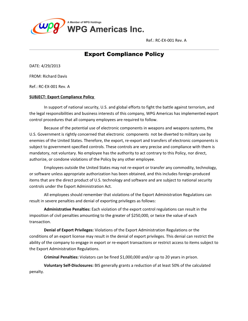 SUBJECT: Export Compliance Policy